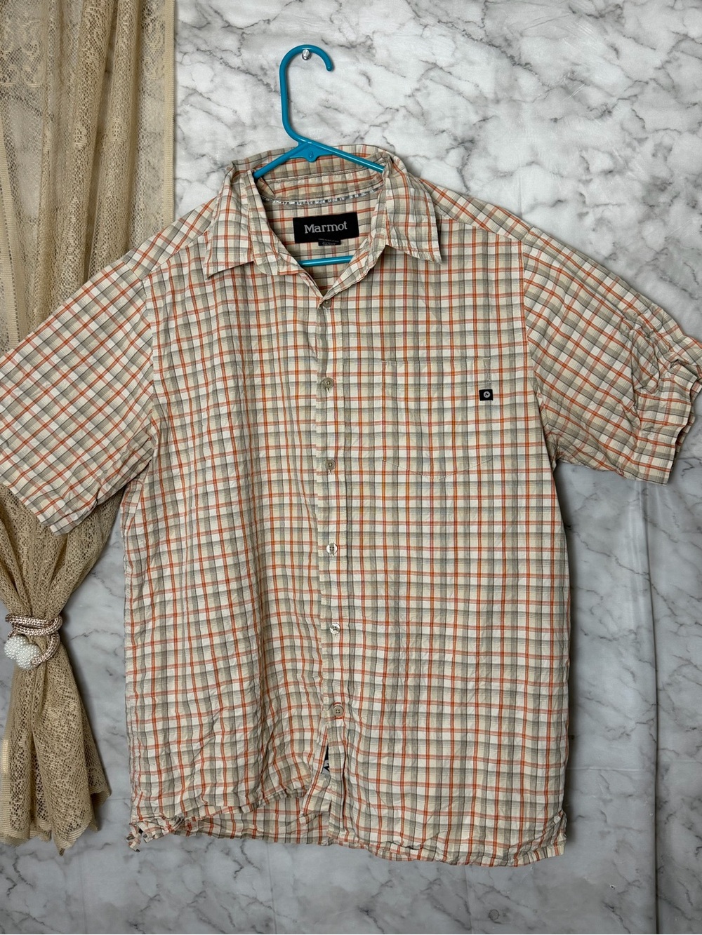 M Marmot 100% Organic Cotton Orange Plaid Short Sleeve Button-Up Shirt Mens Fall